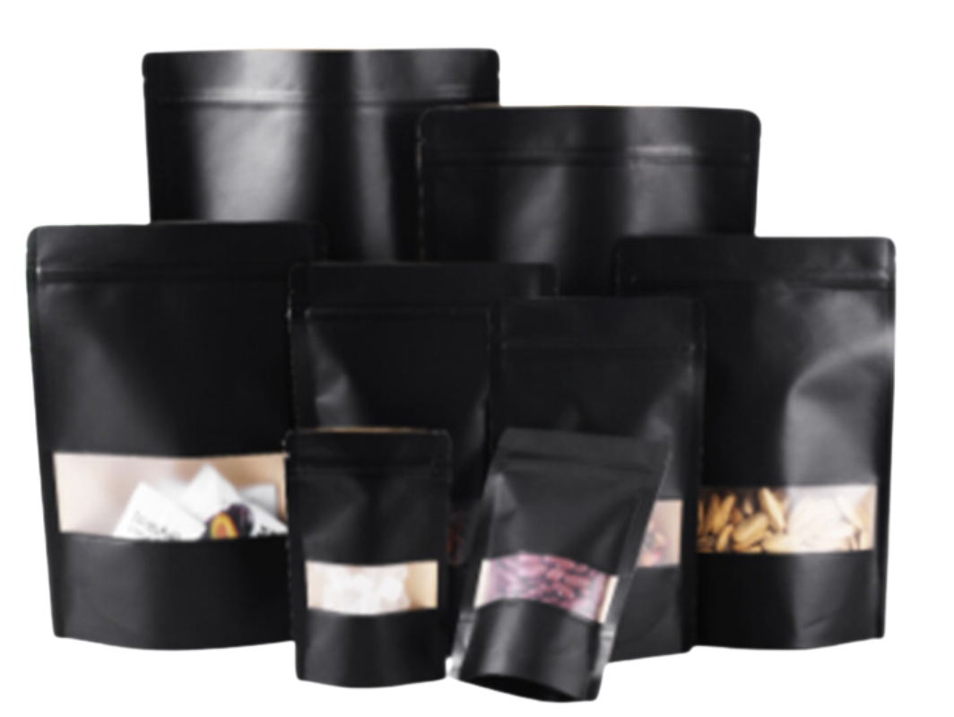 Resealable Stand up Kraft Paper Black Pouch Bag Matte Window