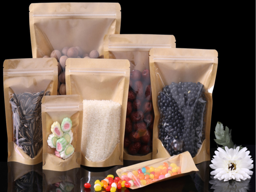 Resealable Kraft Paper Brown Pouch Bag Clear Front