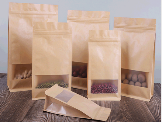 Resealable Kraft Paper Brown Pouch Bag Eight Side Matte Window Display