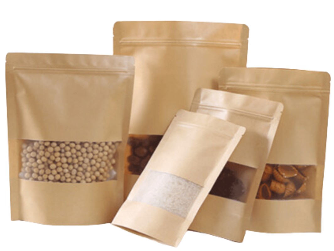 lose-up of heat-sealable top and zip lock closure on kraft paper pouch with matte window