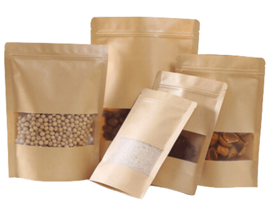 lose-up of heat-sealable top and zip lock closure on kraft paper pouch with matte window