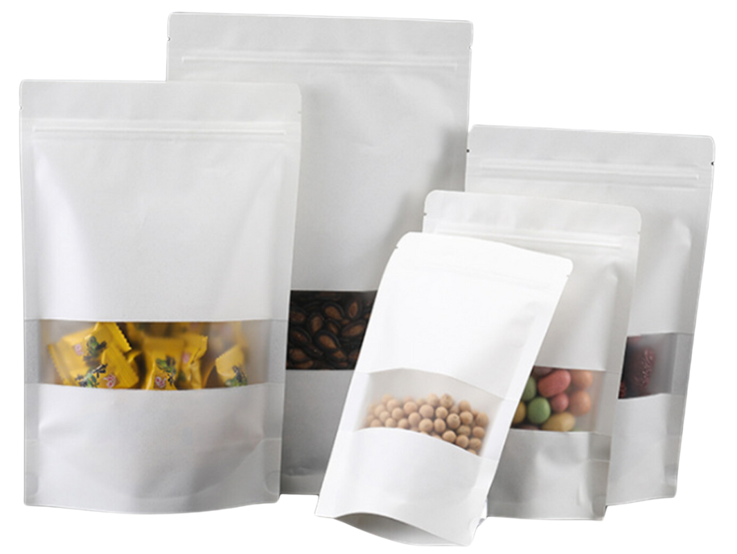 Resealable Kraft Paper White Pouch Bags Matte with Window