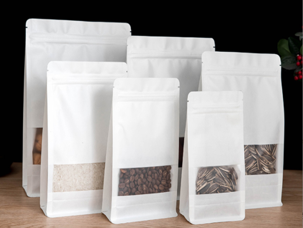 Resealable Kraft Paper Pouch Bag White Eight Side Matte Window Display