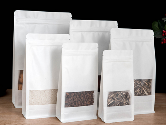 Resealable Kraft Paper Pouch Bag White Eight Side Matte Window Display