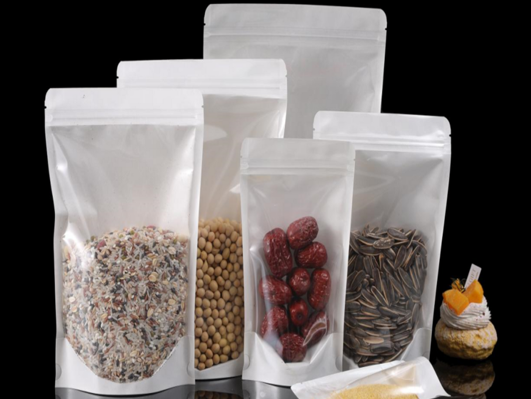 Resealable Kraft Paper White Pouch Bag Clear Front