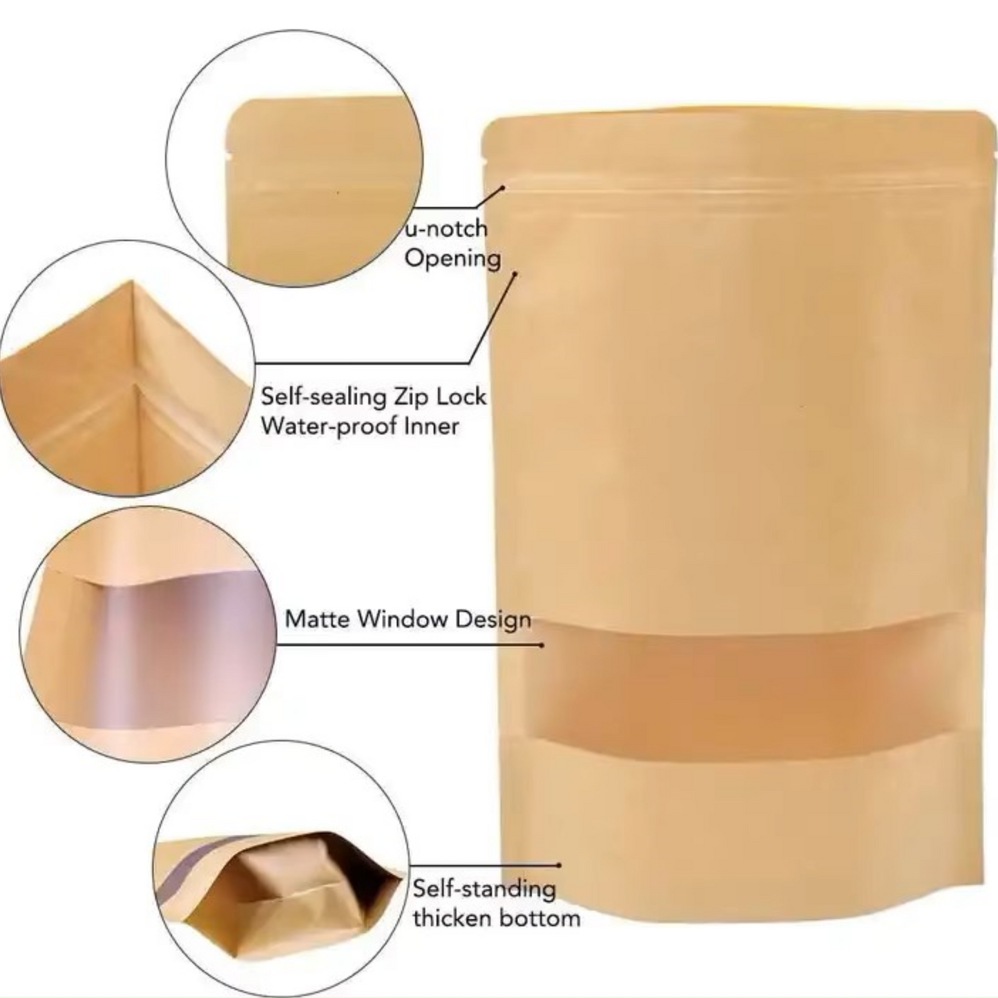 Resealable Kraft Paper Brown Pouch Bag Matte Window Display Stand up