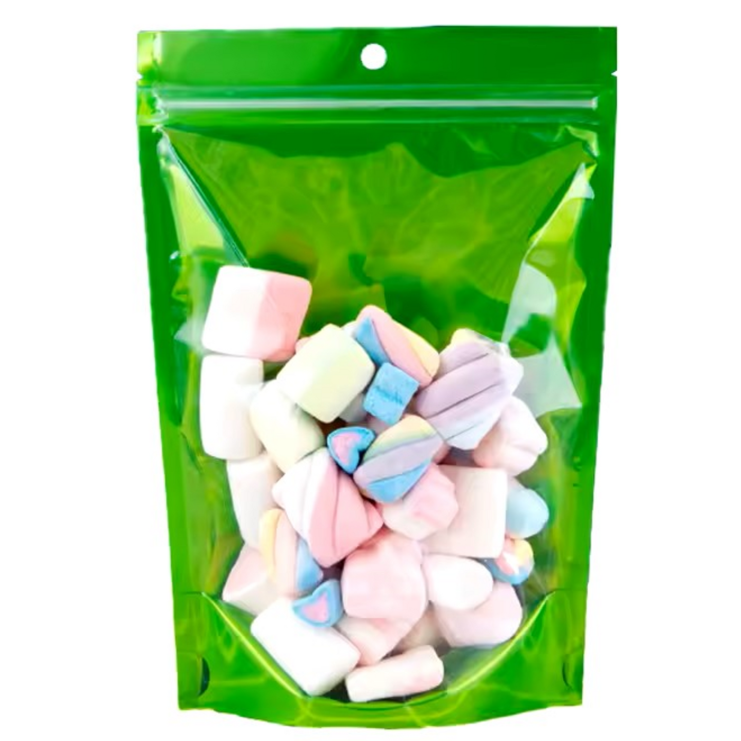 Woodpecker_Packaging_UK_Aluminium_Foil_Back_Clear_Front_Green_Colour_Resealable_Pouch_Sweets_Freeze_Dried_Candy_Food_Packaging