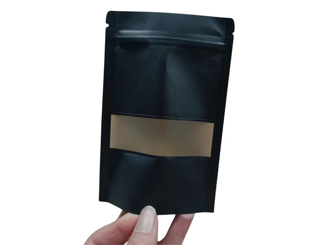 Resealable Stand up Kraft Paper Black Pouch Bag Matte Window