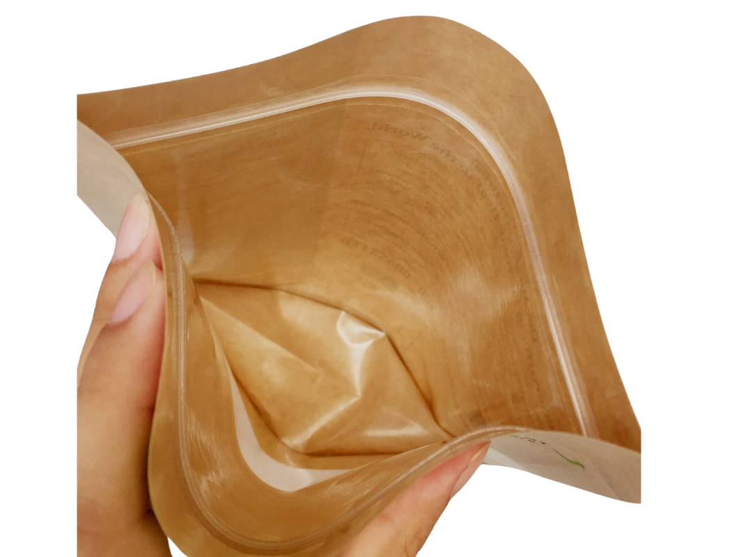 Eco-friendly kraft paper pouch with glossy display window for products