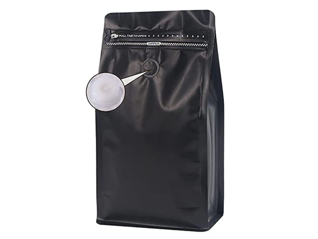 Resealable Coffee Bag with Zip/Grip Seal with De-gassing Valve - Matte Black