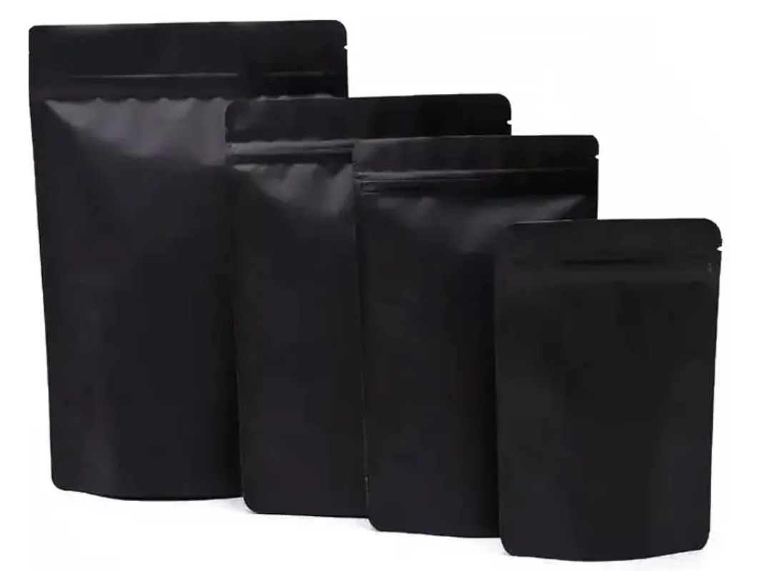 Matte black resealable poly pouch bag with aluminium foil inner lining