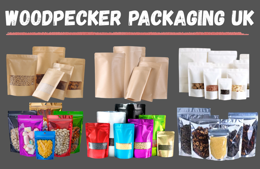 Range of eco-friendly resealable kraft pouches and poly bags from Woodpecker Packaging UK