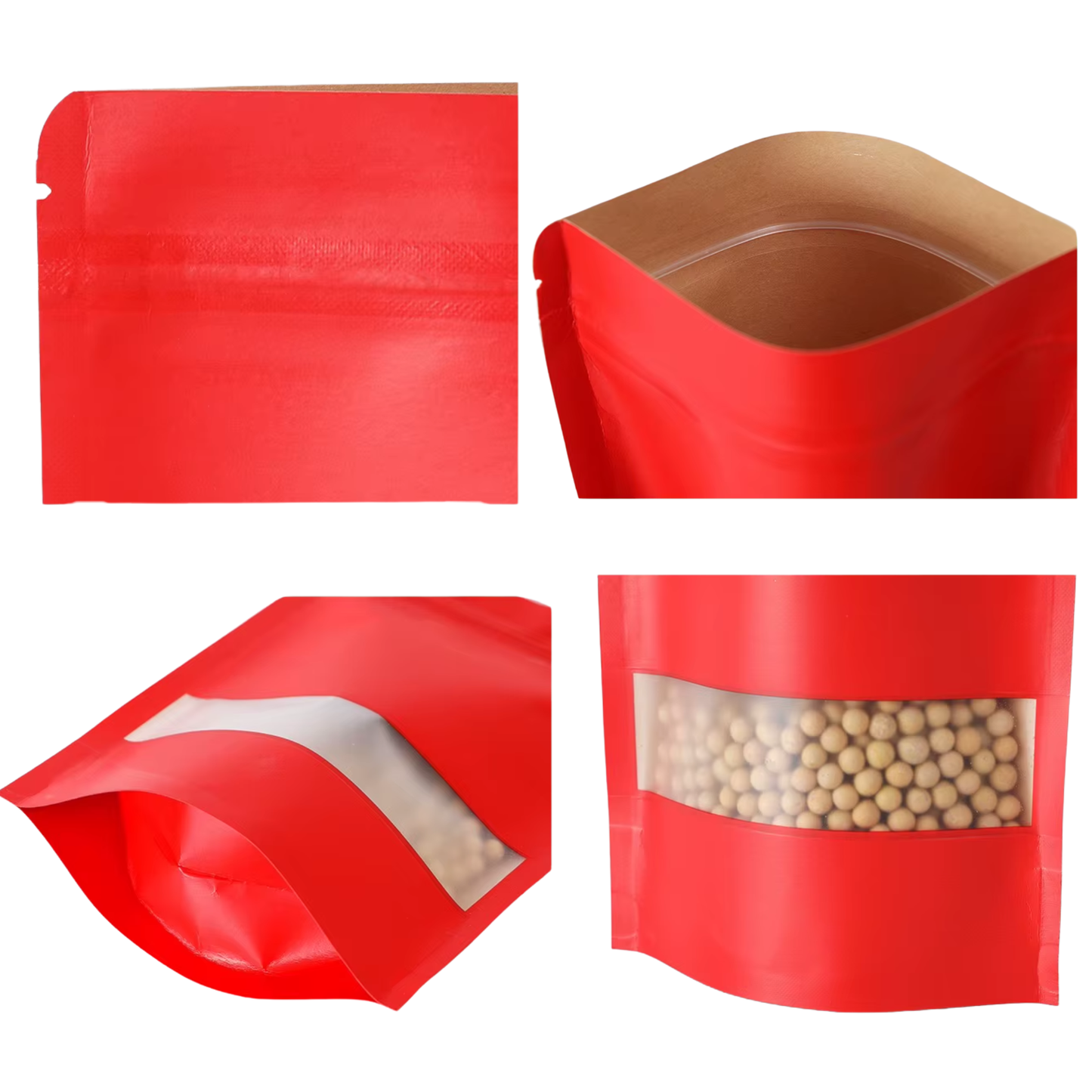 Resealable Stand up Kraft Paper Red Pouch Bag Matte Window