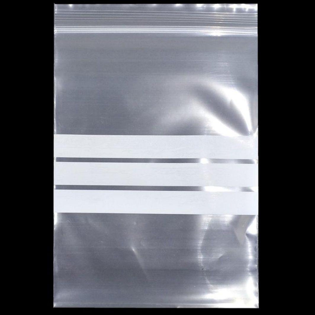 Clear reusable grip seal zip lock bag with white write-on panel for labeling
