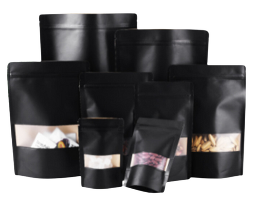 Standup Pouch Bags with Resealable Zip Seal - Kraft Paper Black (Matte Window)