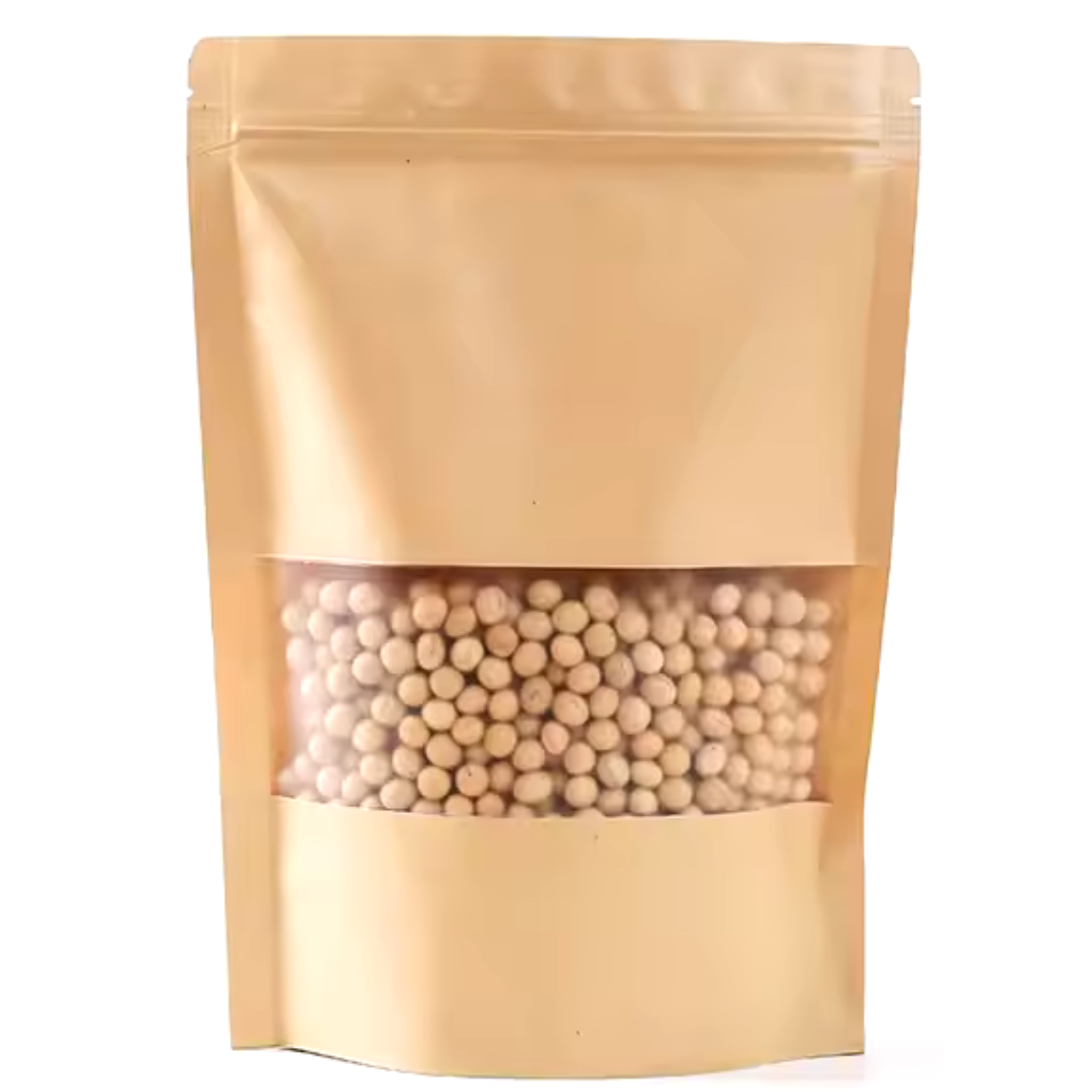 Eco-friendly brown kraft stand-up resealable pouch with transparent matte window for snacks, tea, and coffee packaging.