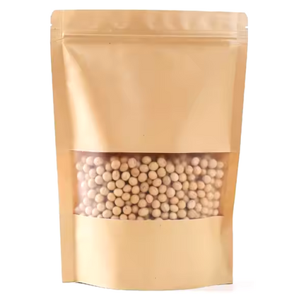 Eco-friendly brown kraft stand-up resealable pouch with transparent matte window for snacks, tea, and coffee packaging.